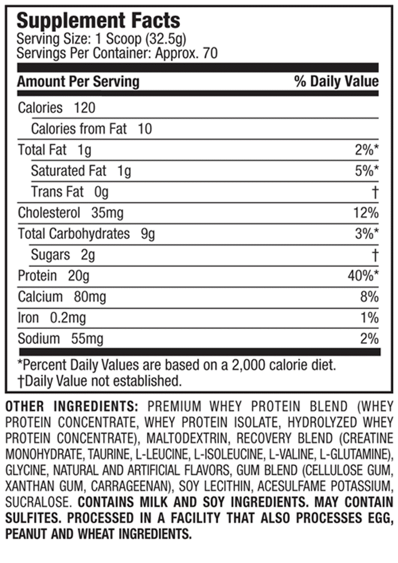 Muscletech Whey protein Vanilla Nutritional Profile